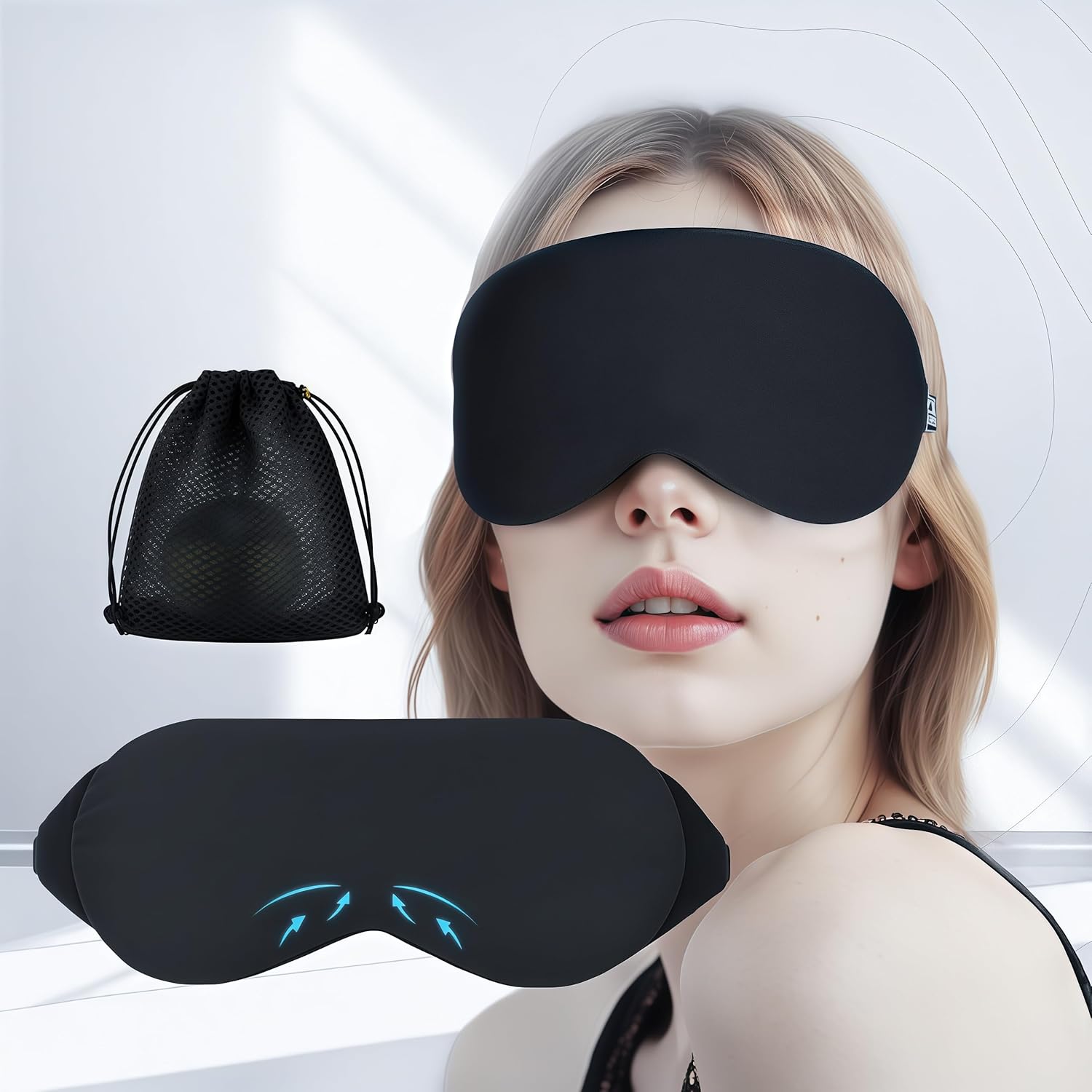 Cool Touch Cotton Eye Sleep Mask for Men & Women, Soft & Breathable, Pressure-Free Design for Side Sleepers, Adjustable Light Blocking Mask for Sleeping, Travel & Naps (Black)