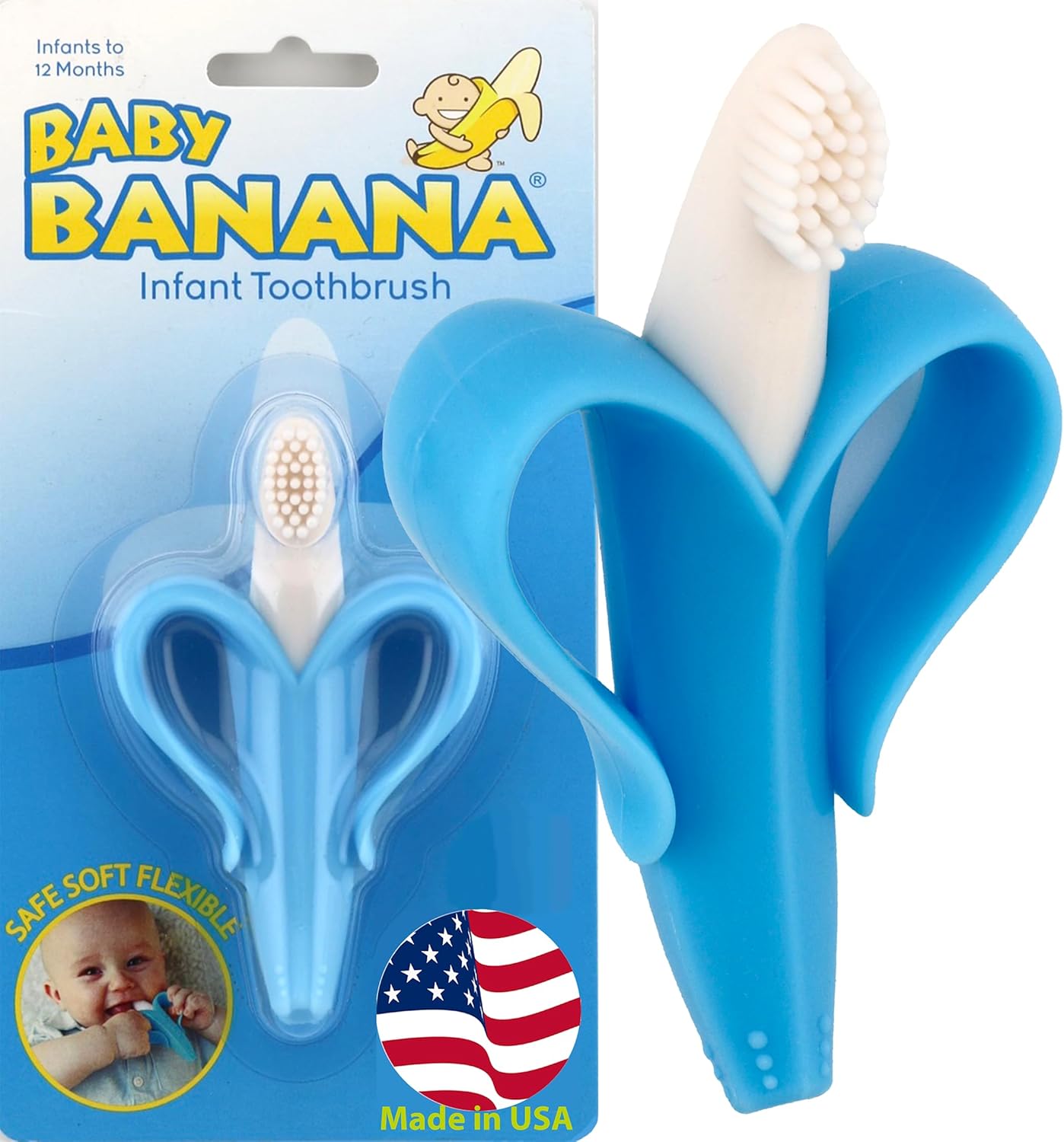 Baby Banana® Blue Teether-Toothbrush, Infant to Toddler, Made in USA, Butter-Soft Bristles for Gums and Teeth, Bendable Food Grade Silicone, Family-Owned Business Since 2009, 11 Million+ Sold.