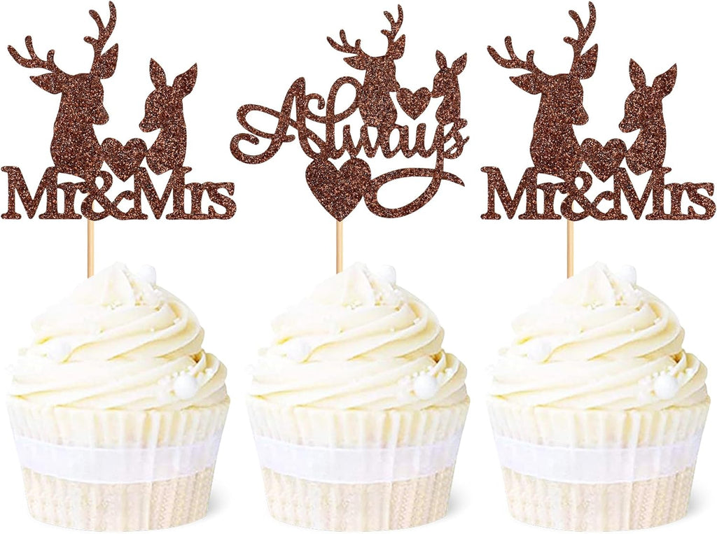 Ercadio 24 Pack Deer Cupcake Toppers - Brown Glitter Deer Head Cupcake Toppers & Picks for Wedding, Birthday, Baby Shower Cake Decoration