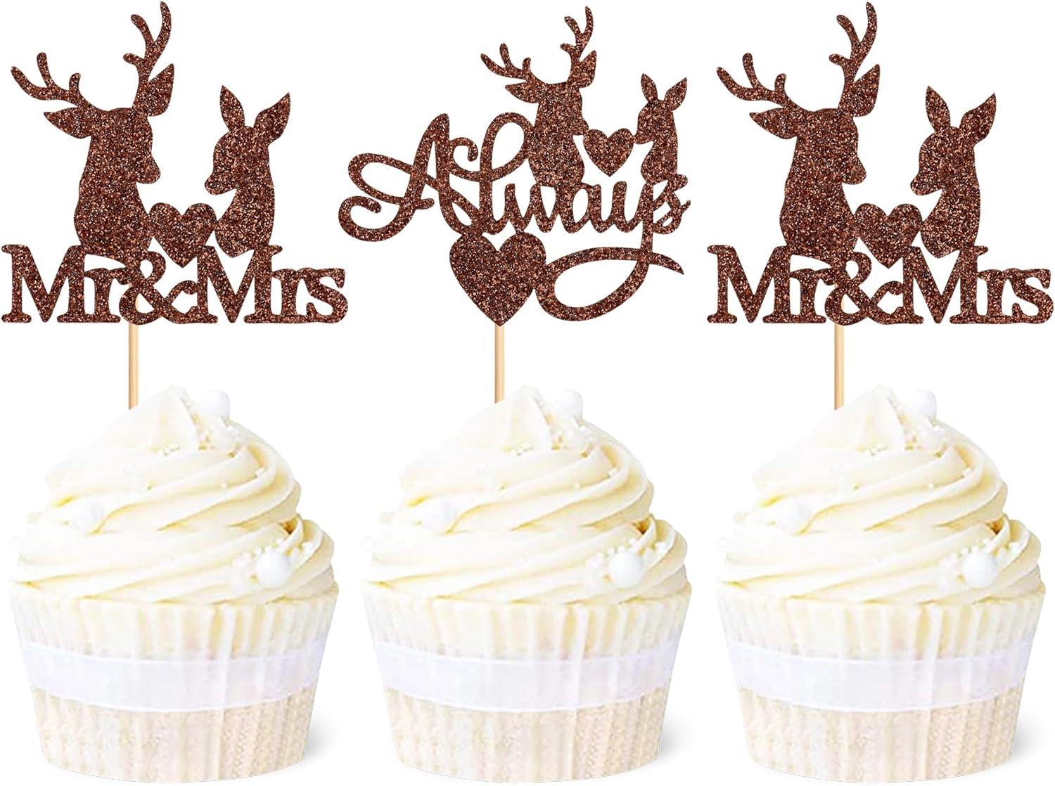 Ercadio 24 Pack Deer Cupcake Toppers - Brown Glitter Deer Head Cupcake Toppers & Picks for Wedding, Birthday, Baby Shower Cake Decoration