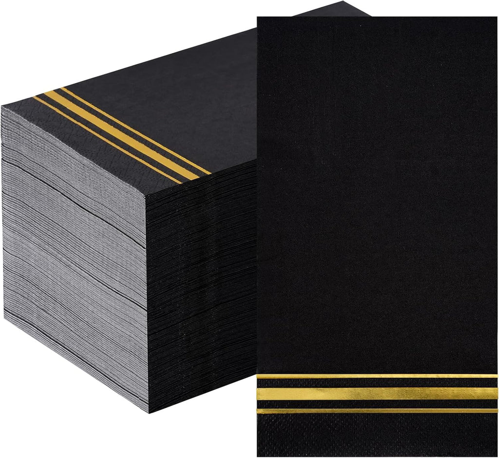 Hunanyume 100pcs 3-Ply Black and Gold Paper Napkins, Black Elegant Dinner Napkins, Gold Foil Guest Napkins Disposable Hand Towels for Bathroom Wedding Anniversary Birthday Holiday Party Graduation