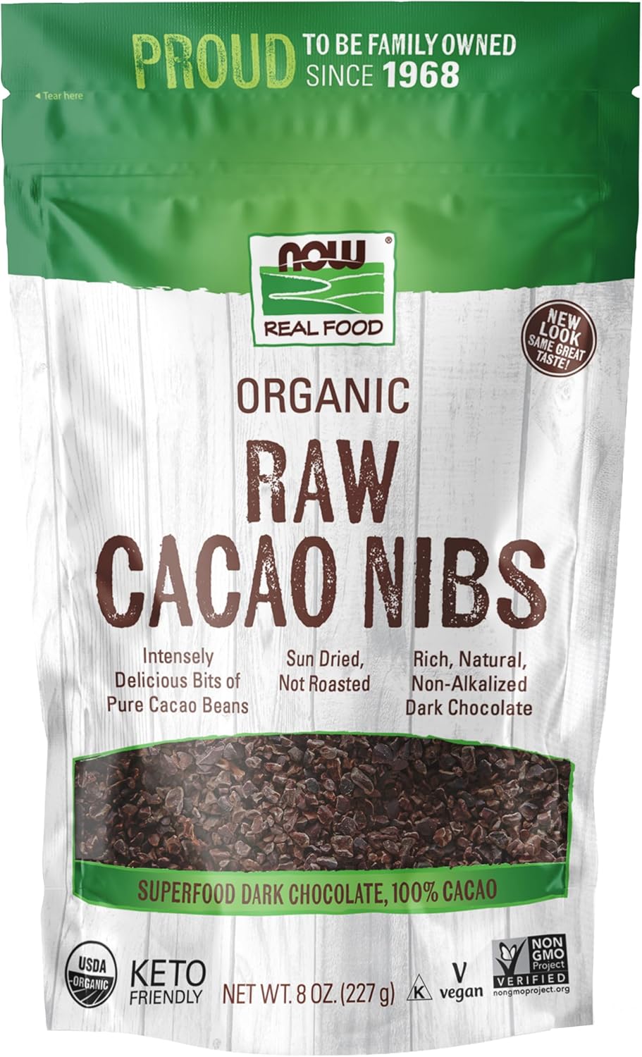 NOW Foods, Organic Raw Cacao Nibs, Rich, Pure Cacao Bean Bits, Dark Chocolate Flavor, Certified Non-GMO 8-Ounce (Packaging May Vary)