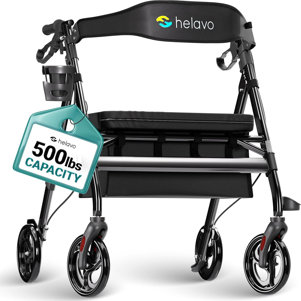 Helavo Bariatric Walker with Large, Height-Adjustable Seat, 550 lbs Weight Capacity, All Terrain 8-inch Wheels, 28-inch Wide - Extra Wide Heavy Duty Rollator for Seniors