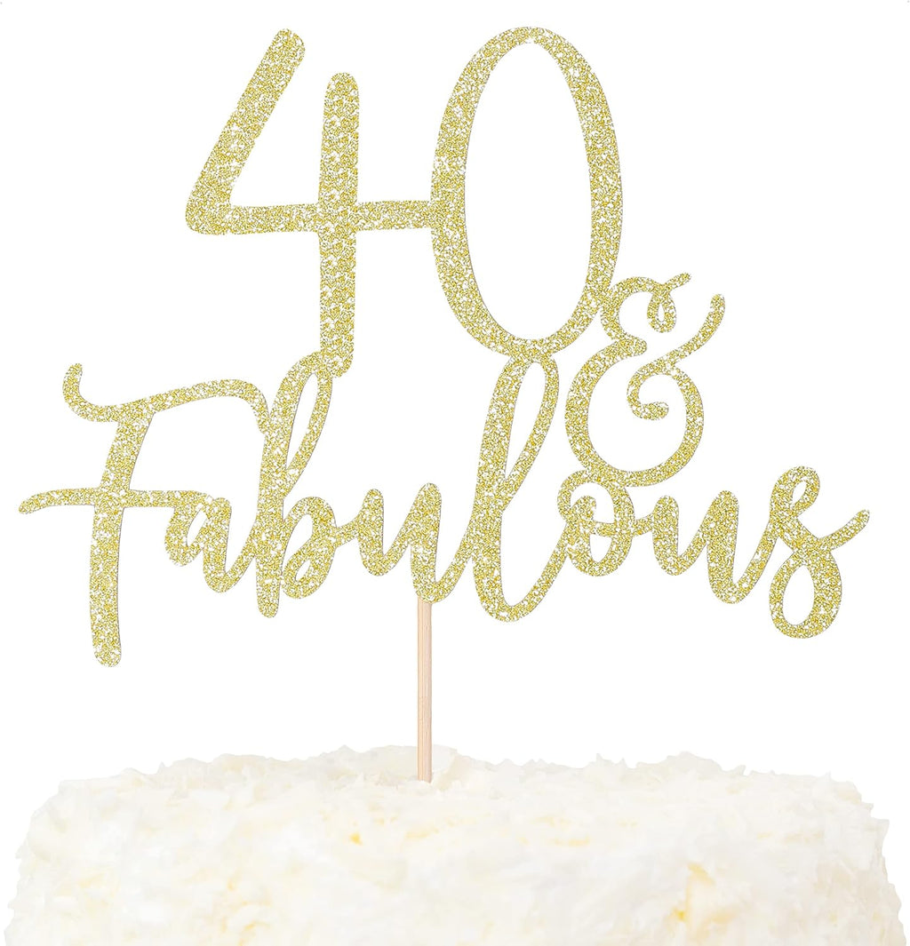 LOVENJOY 40 and Fabulous Cake Topper Gold Glitter for 40th Birthday Party Cake Decoration Glittery