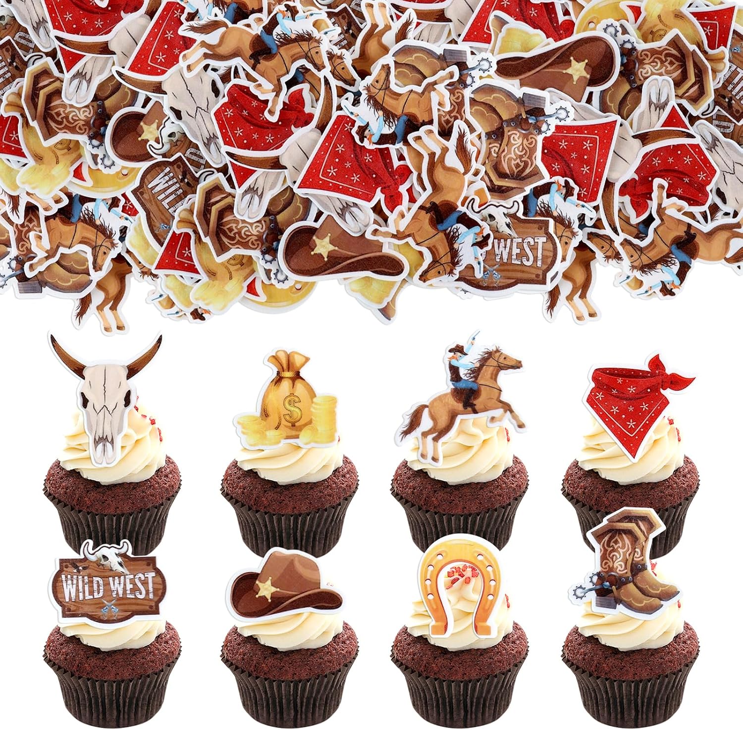 40Pcs Cowboy Edible Cupcake Toppers Edible Horse Wild West Holy Cow Horse Shoe Cowboy Hats Cupcake Picks for Boys Girls Western Birthday Cowboys Party Cake Cupcake Decorations