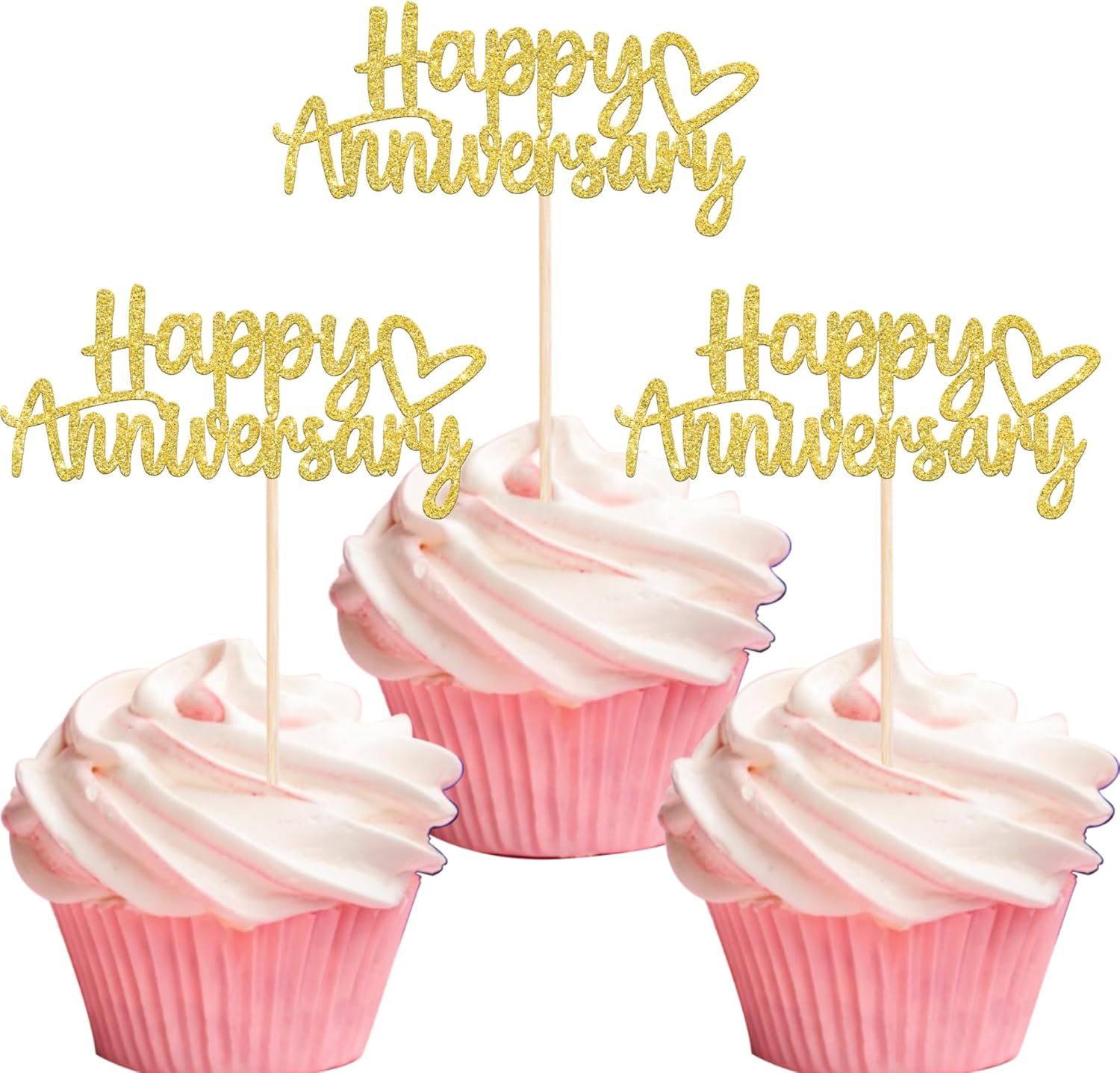 24 PCS Happy Anniversary Cupcake Toppers Glitter Wedding Anniversary Cupcake Picks Baby Shower Birthday Wedding Anniversary Party Cake Decorations Supplies Gold