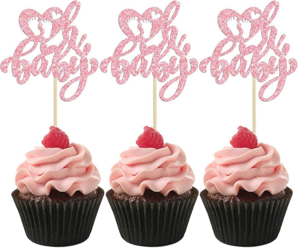 Ephlyn 24Pcs Happy Valentine's Day Cupcake Toppers Glitter Heart Baby Feet Oh Baby Cupcake Picks for Love Valentine's Day Theme Baby Shower Birthday Party Cake Decorations Supplies Pink