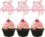 Ephlyn 24Pcs Happy Valentine's Day Cupcake Toppers Glitter Heart Baby Feet Oh Baby Cupcake Picks for Love Valentine's Day Theme Baby Shower Birthday Party Cake Decorations Supplies Pink