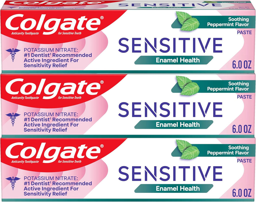 Colgate Sensitive Enamel Health Toothpaste for Sensitive Teeth, 3 Pack, Toothpaste with Fluoride and 5% Potassium Nitrate, Helps Prevent Bad Breath, Soothing Peppermint Flavor, 6 oz, 3 Pack