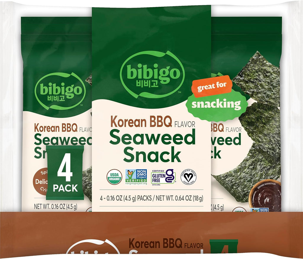 Bibigo Organic Korean BBQ Flavored Seaweed Snacks, 4 Individual Packets, 0.16 Ounce (Pack of 4)