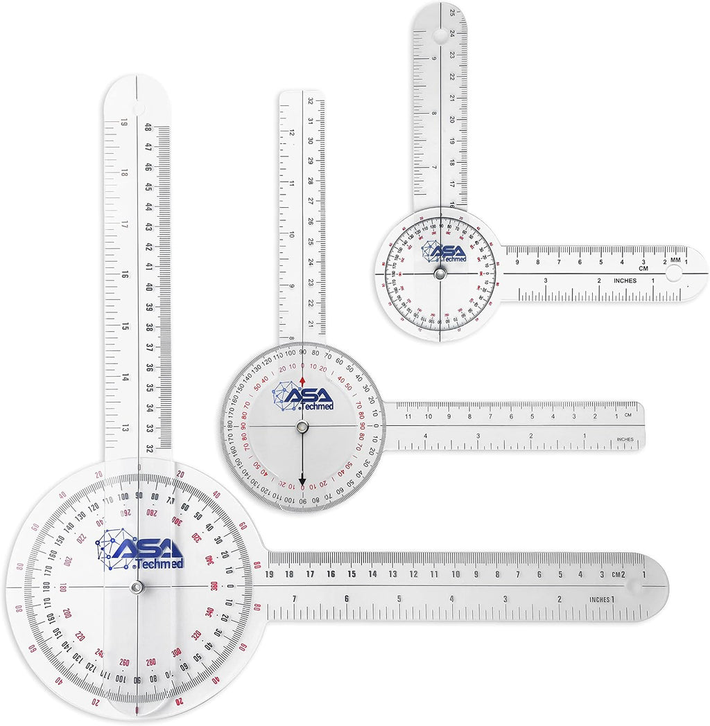 ASA TECHMED 3 Pcs Goniometer Set, 12, 8, 6 Inch Medical Spinal Goniometer Angle Protractor Angle Ruler