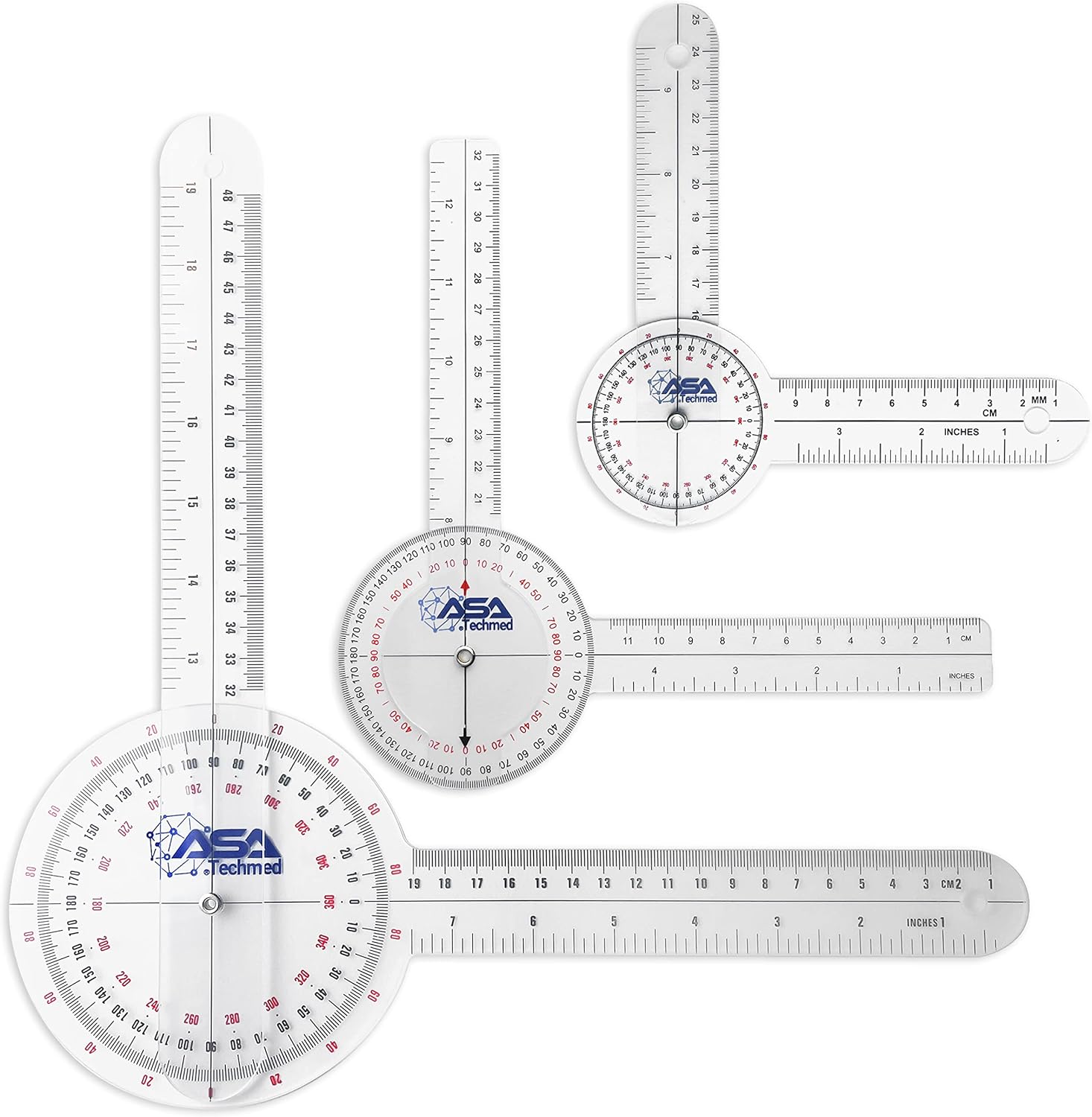 ASA TECHMED 3 Pcs Goniometer Set, 12, 8, 6 Inch Medical Spinal Goniometer Angle Protractor Angle Ruler