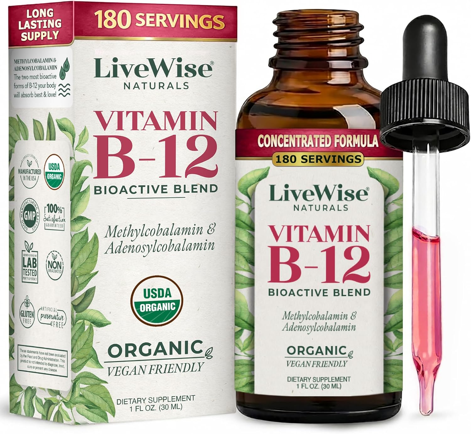 Organic Vitamin B12 1000 mcg Sublingual Liquid Drops For Adults, 6 Months Supply 1 oz, Methylcobalamin & Adenosylcobalamin - Bioactive Blend for Energy, Clarity & Focus - Vegan, Non-GMO, Unflavored