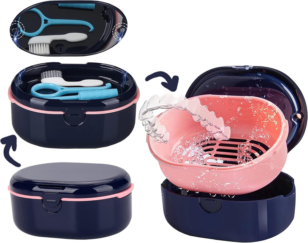 MURRI&MURRDI Retainer Case, Denture Bath Box with Strainer Basket, Mouth Guard Case, Braces Cleaner Cup, Cute Denture Holder Retainer Storage Soak Container for Travel (D Dark Blue)