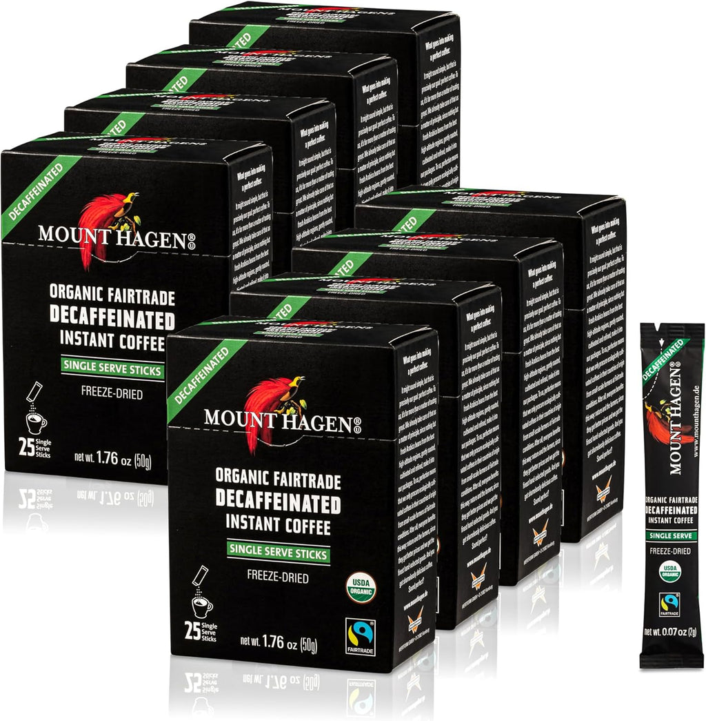 Mount Hagen 25 Count Single Serve Instant Decaf Coffee Packets - 8 pack | Decaffeinated Organic Medium Roast Arabica Beans | Eco-friendly, Fair-Trade [8 x 25 sticks/1.76oz/50g], Pack of 8
