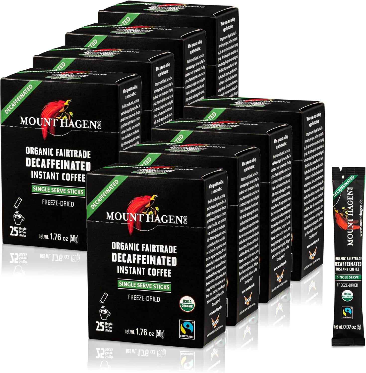 Mount Hagen 25 Count Single Serve Instant Decaf Coffee Packets - 8 pack | Decaffeinated Organic Medium Roast Arabica Beans | Eco-friendly, Fair-Trade [8 x 25 sticks/1.76oz/50g], Pack of 8