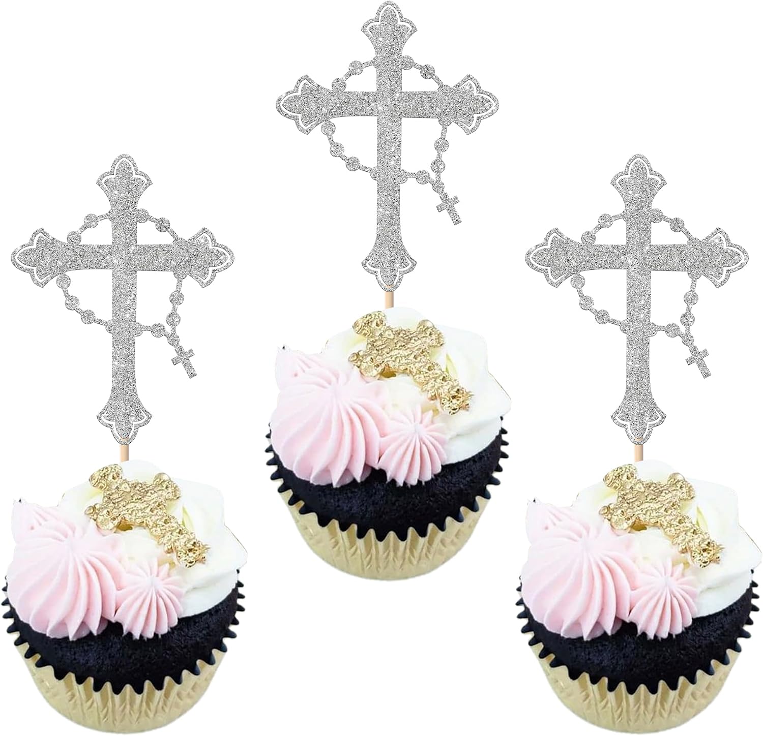 Rsstarxi 24 Pack Silver Cross Cupcake Toppers Glitter God Bless Christian Baptism Cupcake Picks for Baby Shower First Communion Party Cake Decorations Supplies