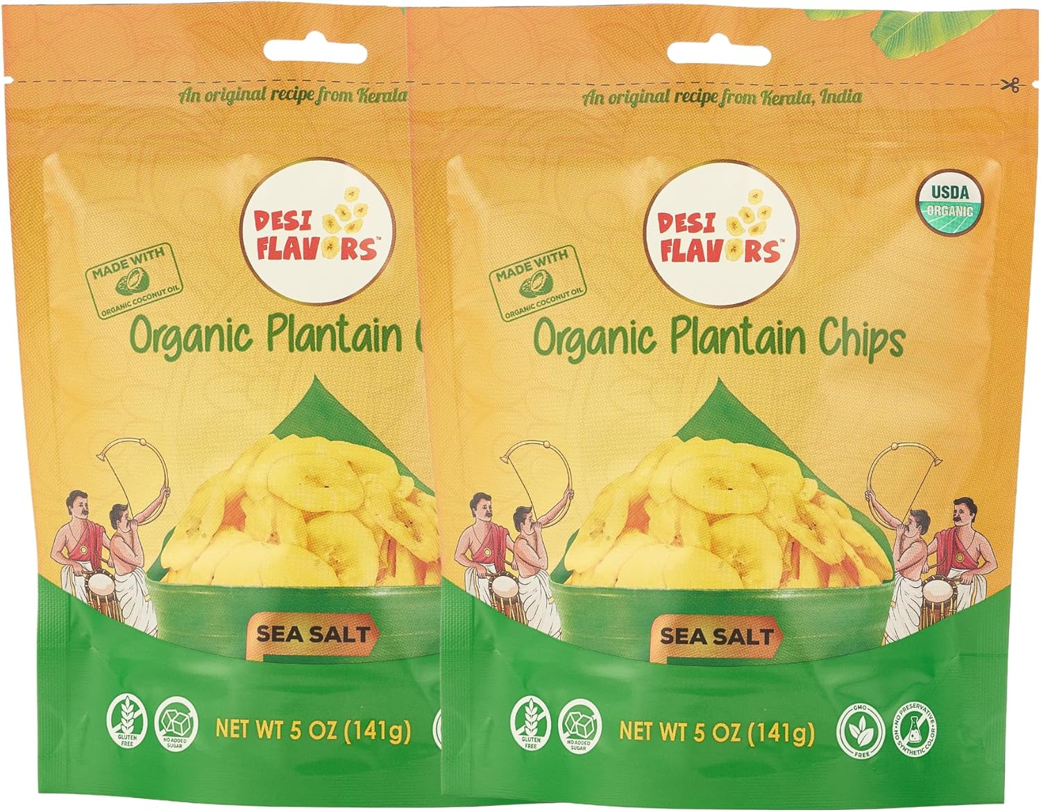 Desi Flavors Organic Plantain Chips | Kerala Banana Chips | Healthy Coconut Oil Plantain Chip Snacks | Sea Salt | 10 oz (Pack of 2 Bags)