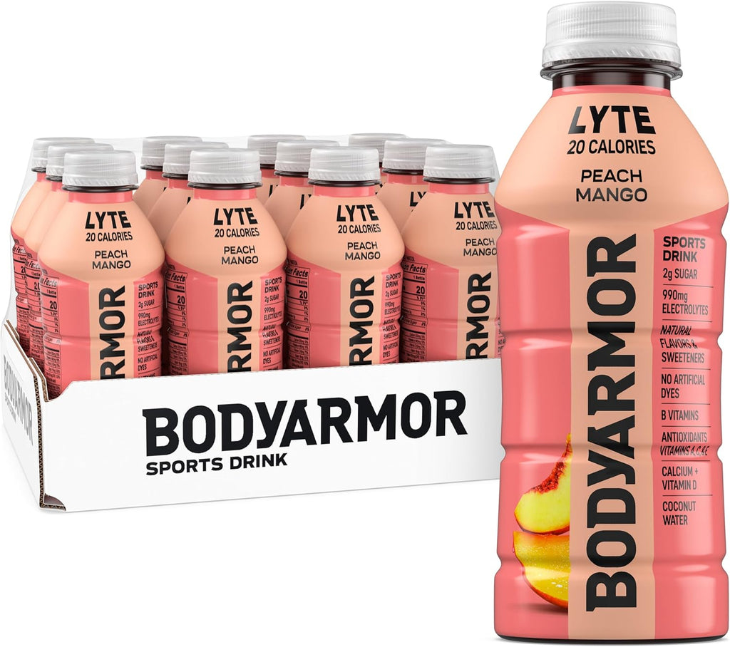 BODYARMOR LYTE Sports Drink Low-Calorie Sports Beverage, Peach Mango, Coconut Water Hydration, Natural Flavors With Vitamins, Potassium-Packed Electrolytes, Perfect For Athletes, 16 Fl Oz (Pack of 12)