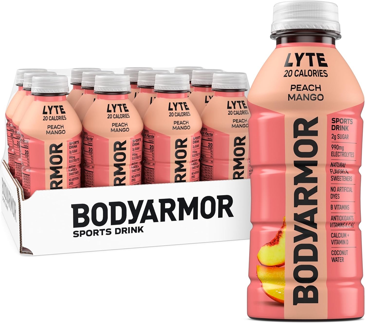 BODYARMOR LYTE Sports Drink Low-Calorie Sports Beverage, Peach Mango, Coconut Water Hydration, Natural Flavors With Vitamins, Potassium-Packed Electrolytes, Perfect For Athletes, 16 Fl Oz (Pack of 12)