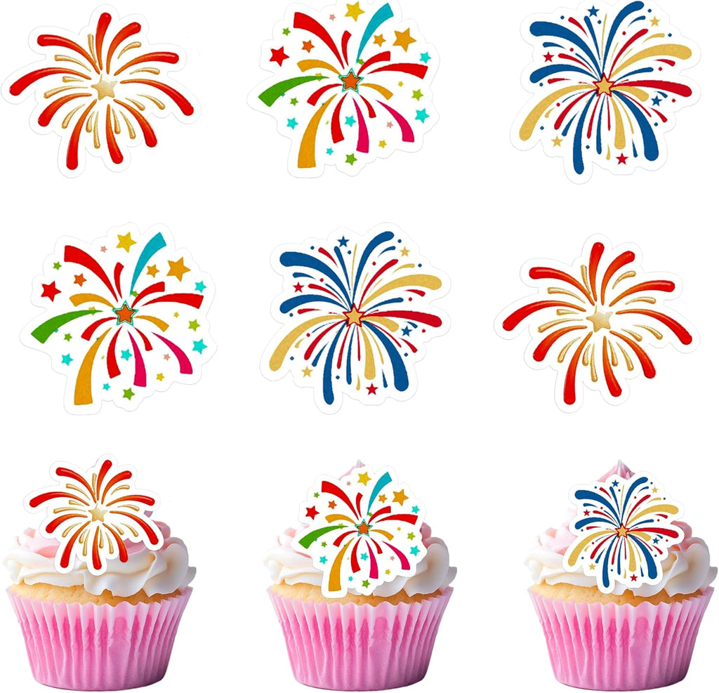 50 PCS Edible Firework Cupcake Toppers Wafer Paper Happy New Year Cake Toppers Edible New Years Fireworks Party Decorations for Fireworks Theme New Years Eve Party Cake Decorations Supplies