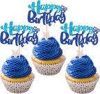 Ephlyn 24Pcs Happy Birthday Cupcake Toppers Double Layer Glitter Happy Birthday Cake Decorations for Baby Shower Theme Kids Boys Girls Birthday Anniversary Party Decorations Supplies Blue