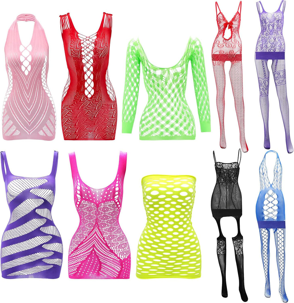 10 Pieces Women's Fishnet Lingerie Bright Body Stocking Bodysuits Lingerie Fishnet Dress for Women