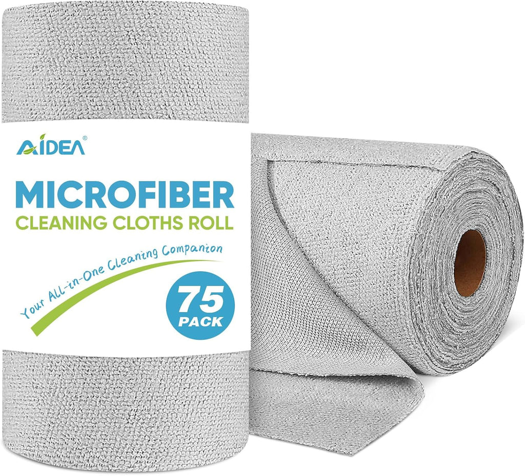 AIDEA Microfiber Cleaning Cloth Roll, Grey 75PK, Reusable Paper Towels Tear Away Cloth, Microfiber Towels for Cars, Wash Cloths, Lint Free Rags for House, Kitchen,Window,Cleaning Supplies 11.5"×11.5"