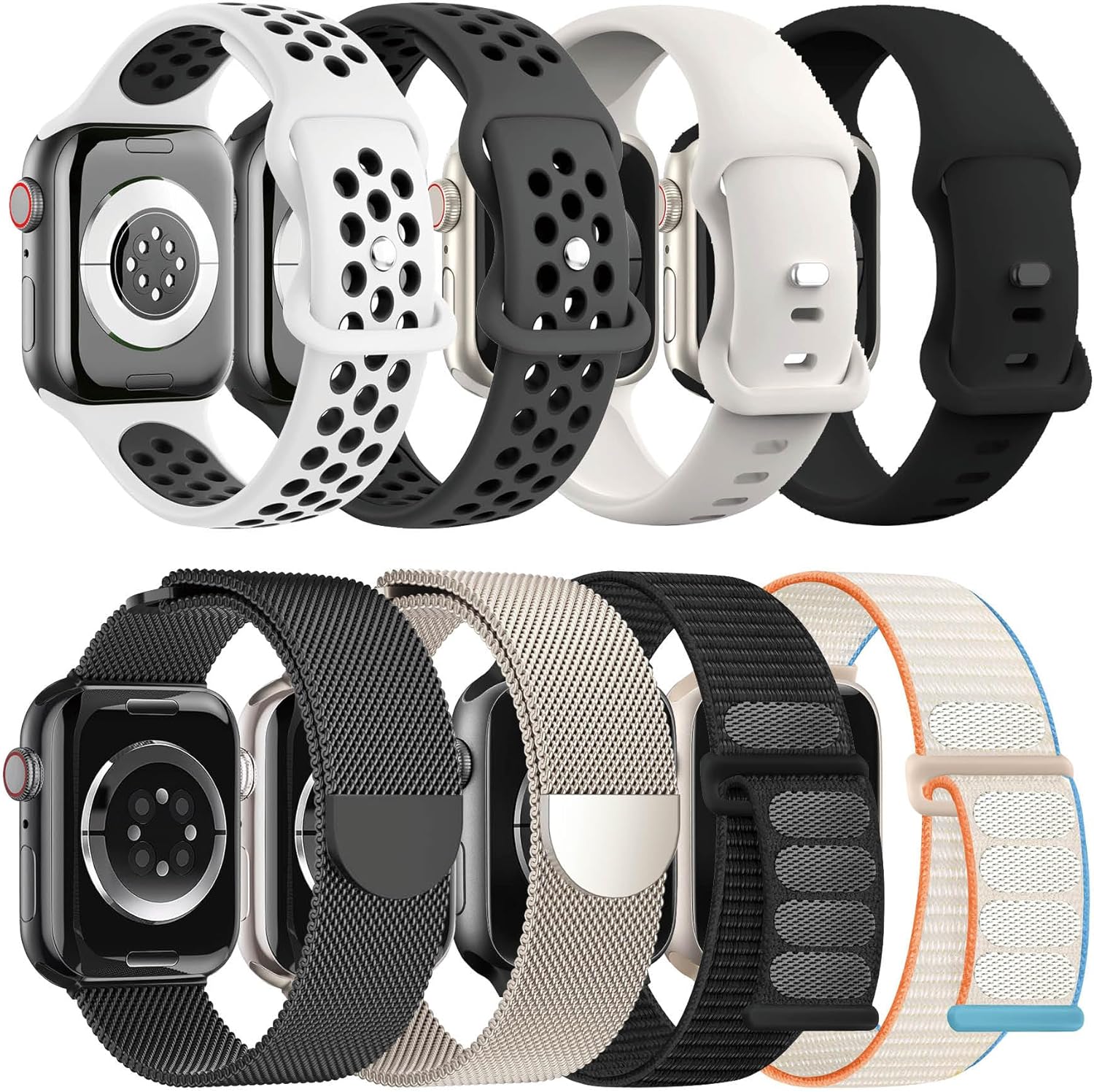 8 Pack Compatible with Apple Watch Ultra 3/2 Band 49mm 46mm 45mm 44mm 42mm Men Women,Breathable Silicone+Milanese Loop+Sport+Sport Loop Band for iWatch Series 11/10/9/8/7/6/SE/5/4/3, Ultra 3 2 1