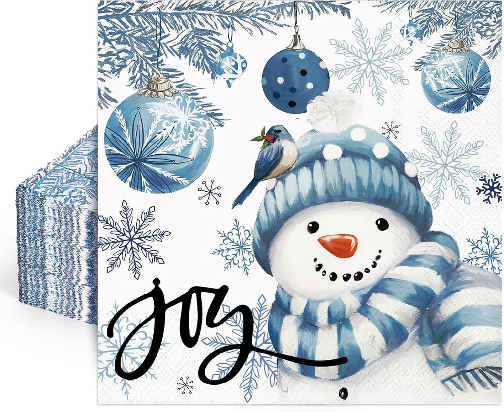 JarThenaAMCS 100Pcs Christmas Paper Napkin Blue Snowman Xmas Ball Luncheon Napkins Dinner Hand Napkins for Winter Home Party Supplies Table Decor
