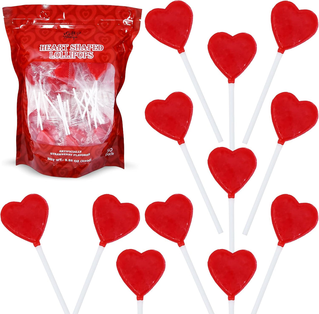 Gift Boutique Valentines Day Heart Shaped Lollipops 50 Pack Strawberry Flavored Candies Hearts Red Lollipop Suckers Individually Wrapped Party Treats