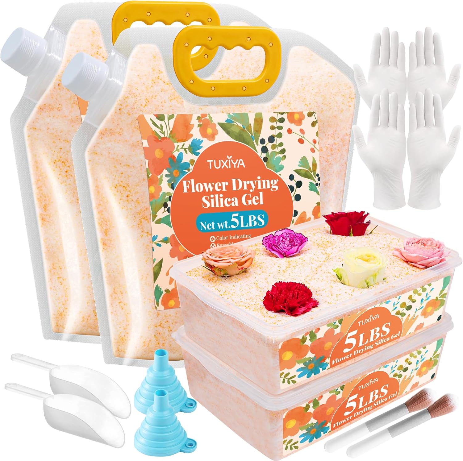 10LBS Silica Gel Flower Drying,Reusable Flower Drying Silica Gel Crystals with 2PCS 6L Airtight Containers, Color Indicating Flower Preservation Kit for Drying Flowers Bead Size<1mm
