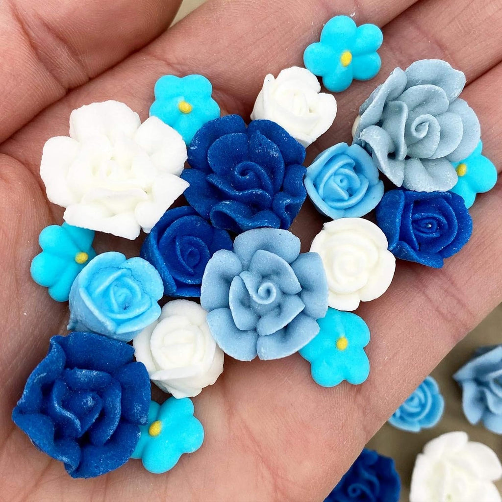 30 Azul Bloom Icing Flowers – Edible Blue & White Roses | Small Royal Icing Flowers | Cake Sprinkles & Decorations by Simply Sucré