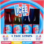 ICEE 4 Pack Slushie Syrups. Genuine ICEE Shaved Ice Snow Cone Syrup including Watermelon, Lemonade, Blue Raspberry & Cherry Flavors. 4 x 6.1floz. Perfect For Snow Cones, Slushies, Sodas & Ice Pops.