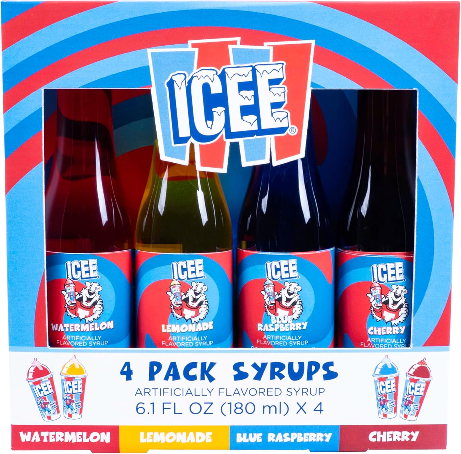 ICEE 4 Pack Slushie Syrups. Genuine ICEE Shaved Ice Snow Cone Syrup including Watermelon, Lemonade, Blue Raspberry & Cherry Flavors. 4 x 6.1floz. Perfect For Snow Cones, Slushies, Sodas & Ice Pops.