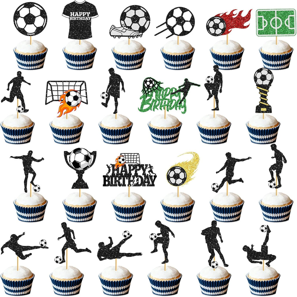 24Pcs Glitter Soccer Cupcake Toppers: Soccer Cake Decorations Soccer Birthday Party Decorations Soccer Party Decorations for Men Boy Soccer Ball Cake Topper