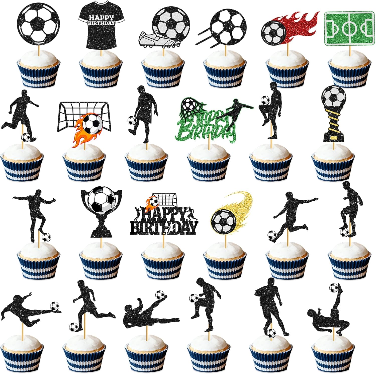 24Pcs Glitter Soccer Cupcake Toppers: Soccer Cake Decorations Soccer Birthday Party Decorations Soccer Party Decorations for Men Boy Soccer Ball Cake Topper