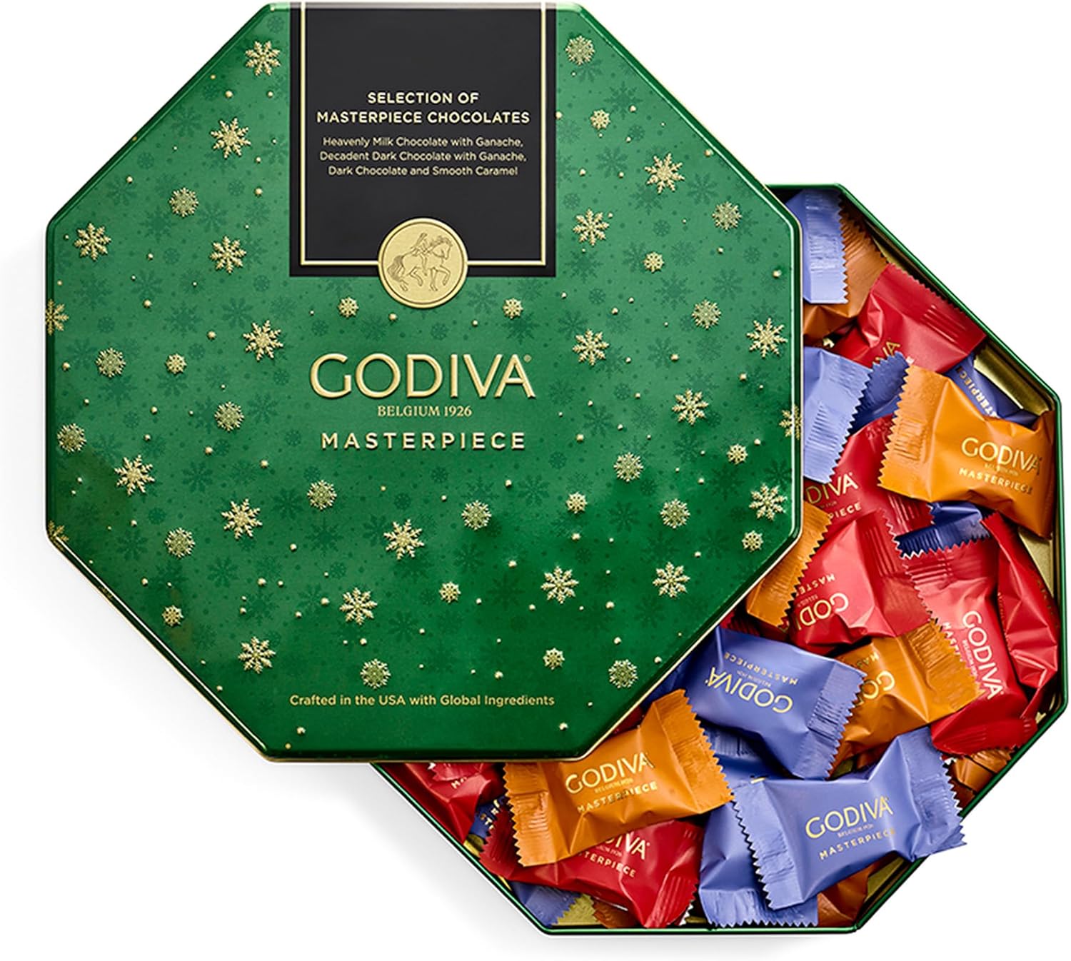 Godiva Holiday Masterpiece Gift Tin, Assorted Milk & Dark Chocolates with Ganache and Caramel, Gourmet Christmas Gift, Kosher & Halal, 50 Pc, 1.5 lbs