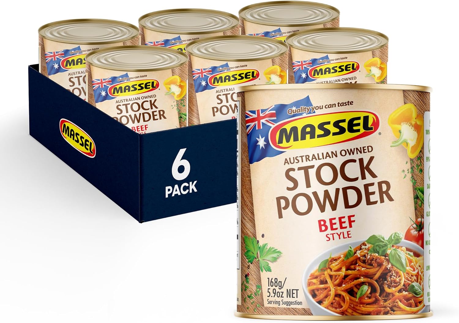 Massel Beef Style Bouillon Powder - Gluten & Dairy Free, Low FODMAP, MSG-free, Non-GMO, Trans Fat Free, No Animal Content - All Natural Soup Base Seasoning for Ramen, Soup & Stew (6 Cans, 168 g)