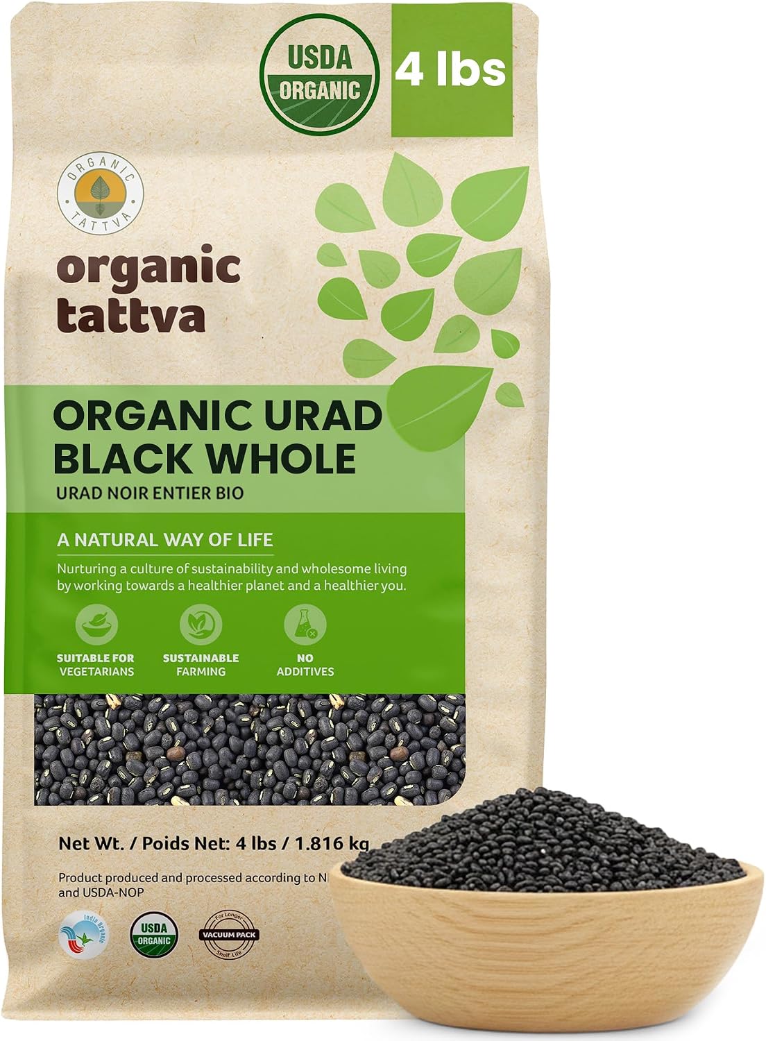 Organic Tattva Black Urad Dal Whole (4 lbs) - Black Lentils Organic, Gluten Free, Vegan & Kosher - Unpolished Gram Beans Lentils Dry - Protein & Fiber Rich Plant Nutrition - USDA Certified Legumes