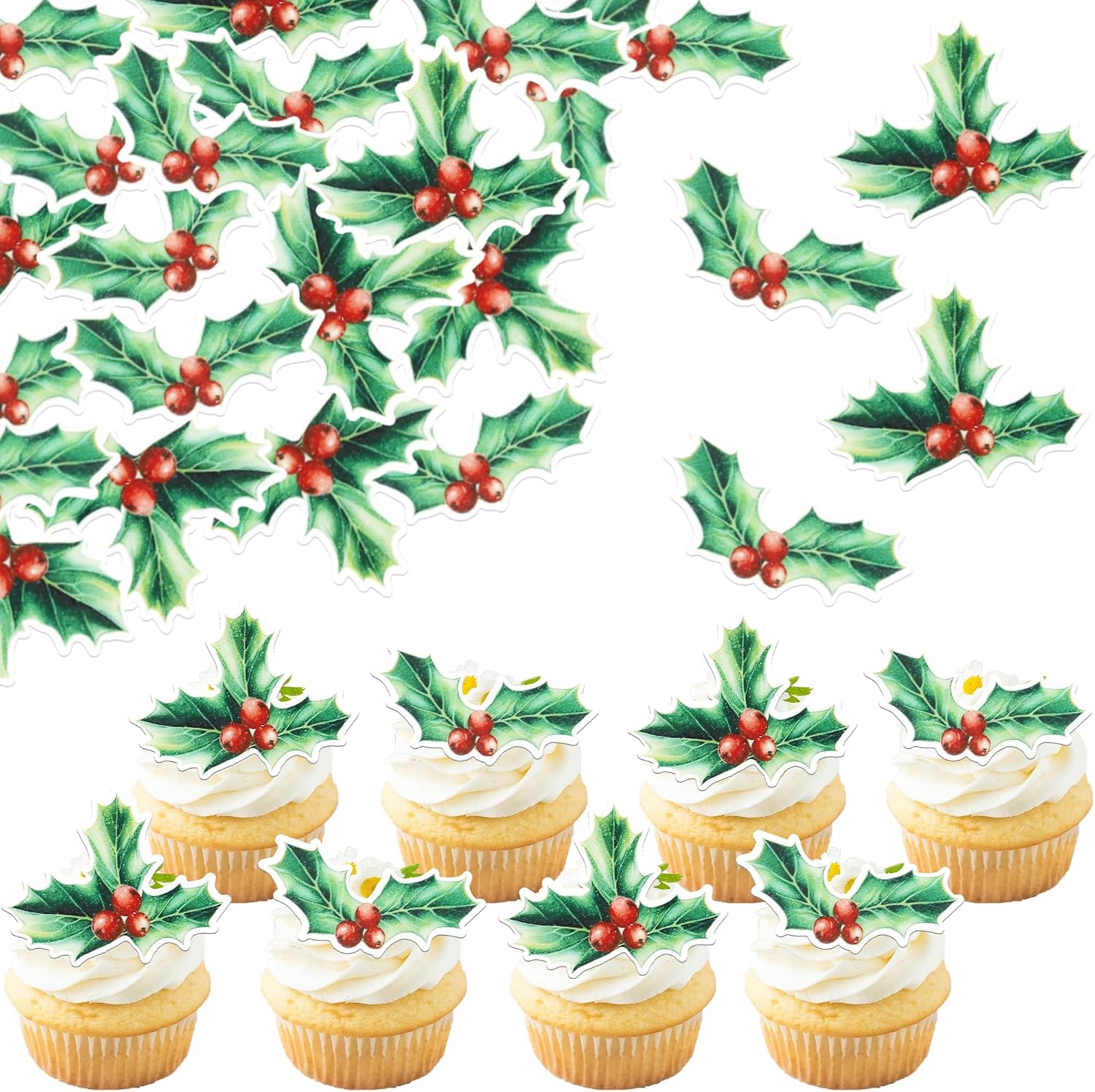 60 Pack Edible Christmas Holly Leaves Cake Topper Merry Christmas Cupcake Picks Water Paper New Year Xmas Cake Decorations for Boy or Girl Baby Shower Kids Birthday Party Supplies 1
