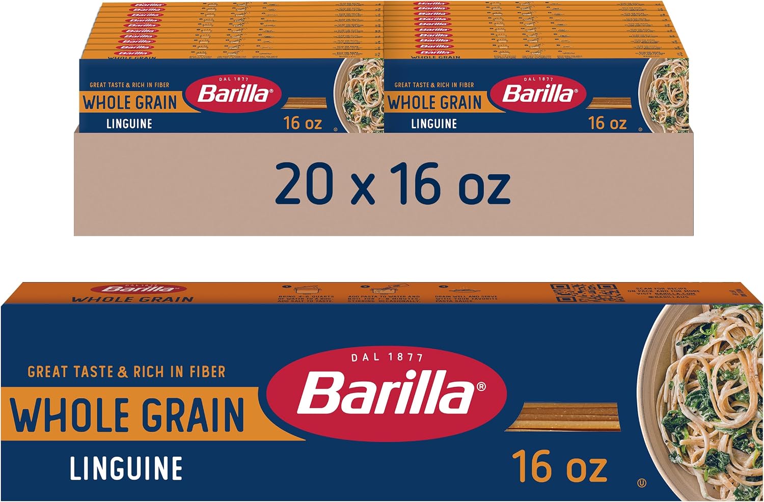 Barilla Whole Grain Linguine Pasta, 16 oz. Box (Pack of 20) - Non-GMO, Made With 100% Whole Grain Durum Wheat - Great Source of Fiber