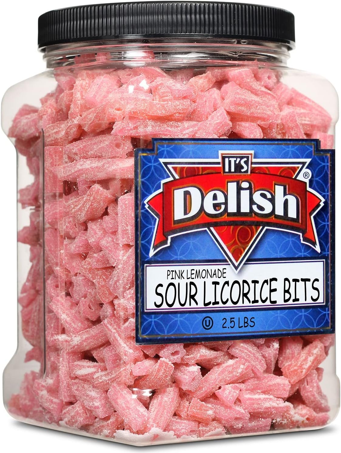 Sweet & Sour Pink Lemonade Licorice Bits by Its Delish, 2.5 LBS (40 Oz) Jumbo Container Jar – Original Style Chewy Lemonade Flavor Candy Twists – Great Gifts Party Sweets – Made in USA, Vegan, Kosher