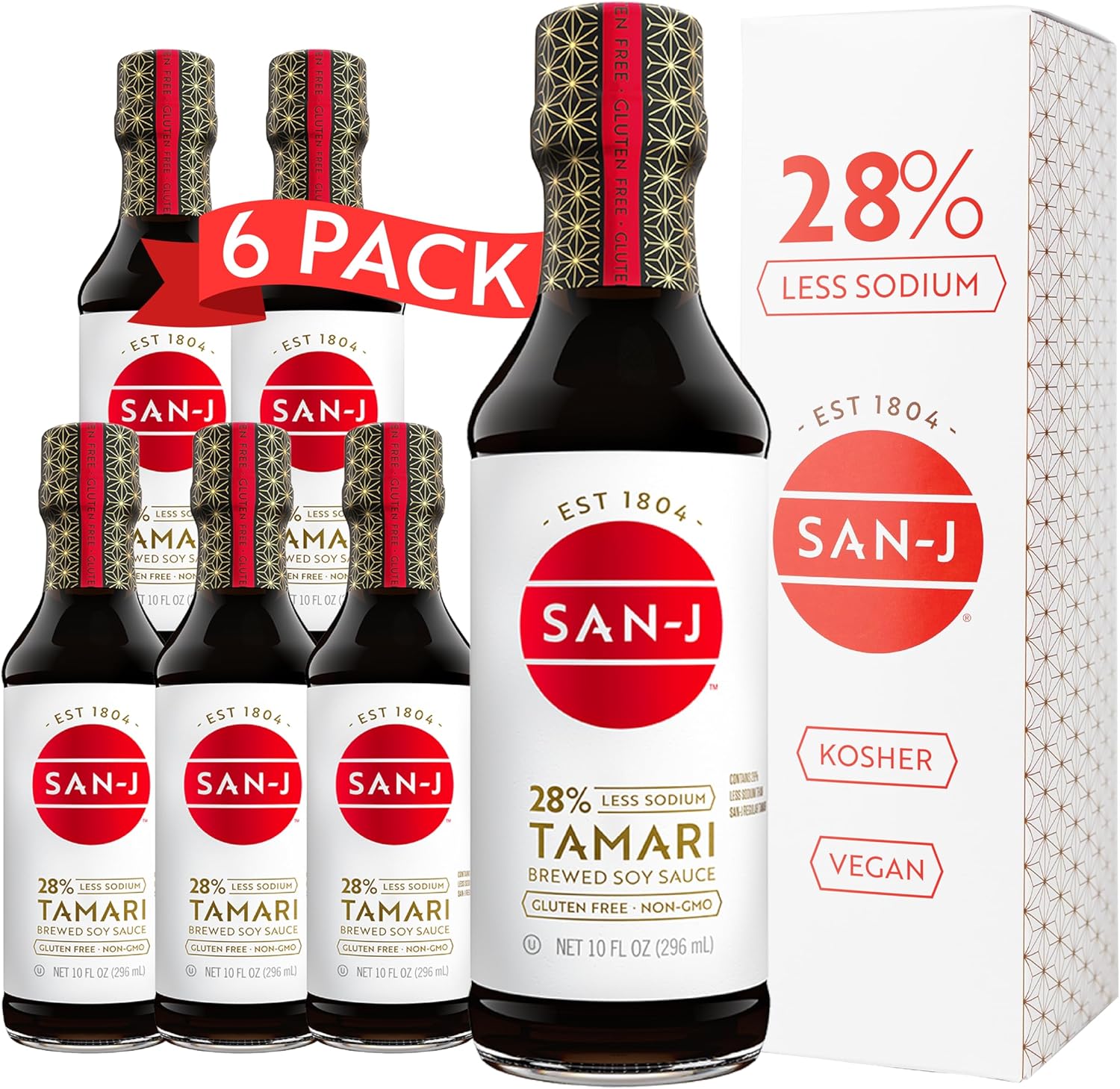 San-J - Gluten Free Tamari Soy Sauce with 28% Less Sodium - Specially Brewed - Made with 100% Soy - 10 oz. Bottles - 6 Pack