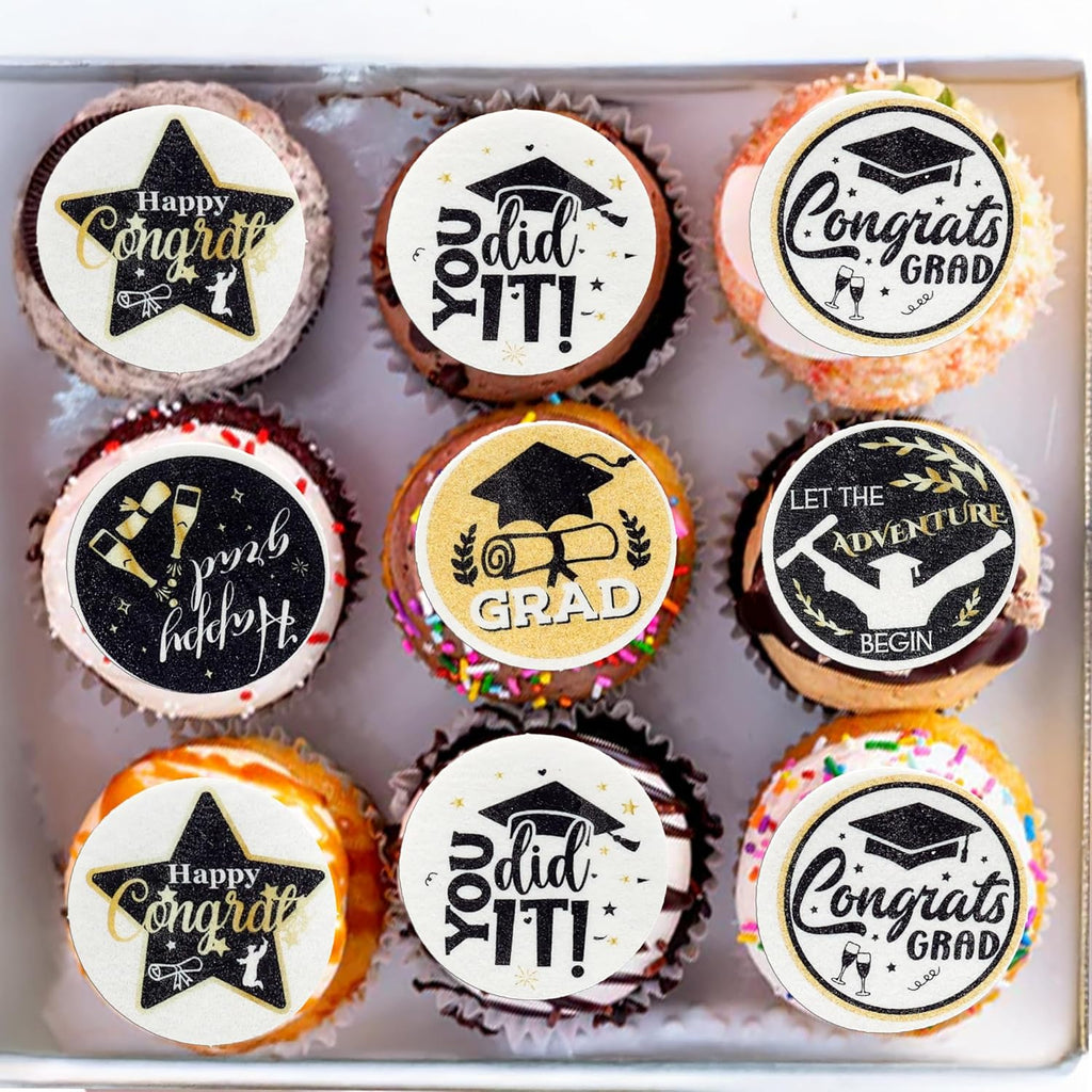 Ephlyn 54Pcs Edible 2026 Graduation Cupcake Toppers Wafer Paper Grad Cap Cupcake Picks Diploma Done Congrats Grad Cake Decorations for Class of 2026 Graduation Party Supplies Black