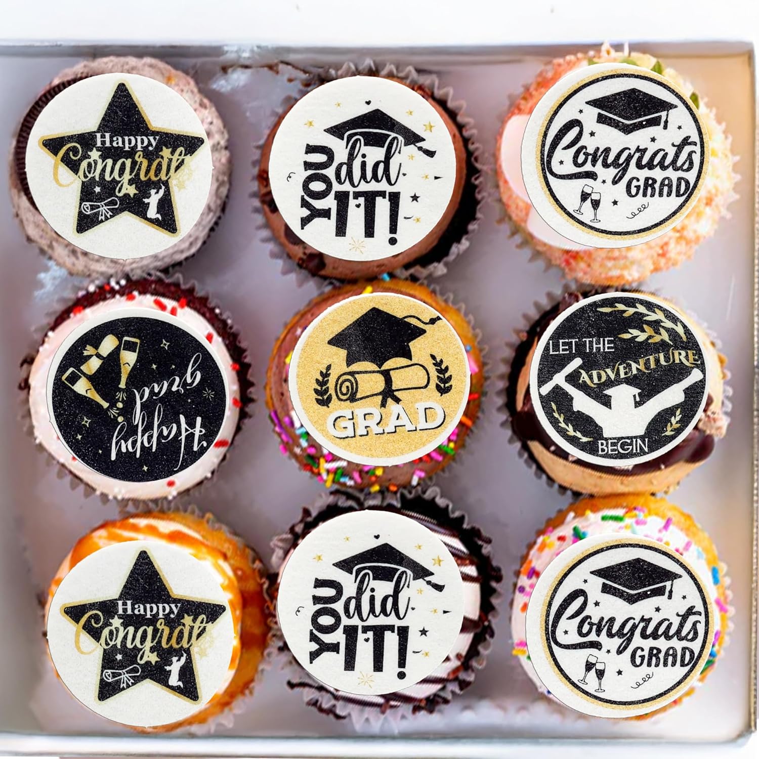 Ephlyn 54Pcs Edible 2026 Graduation Cupcake Toppers Wafer Paper Grad Cap Cupcake Picks Diploma Done Congrats Grad Cake Decorations for Class of 2026 Graduation Party Supplies Black