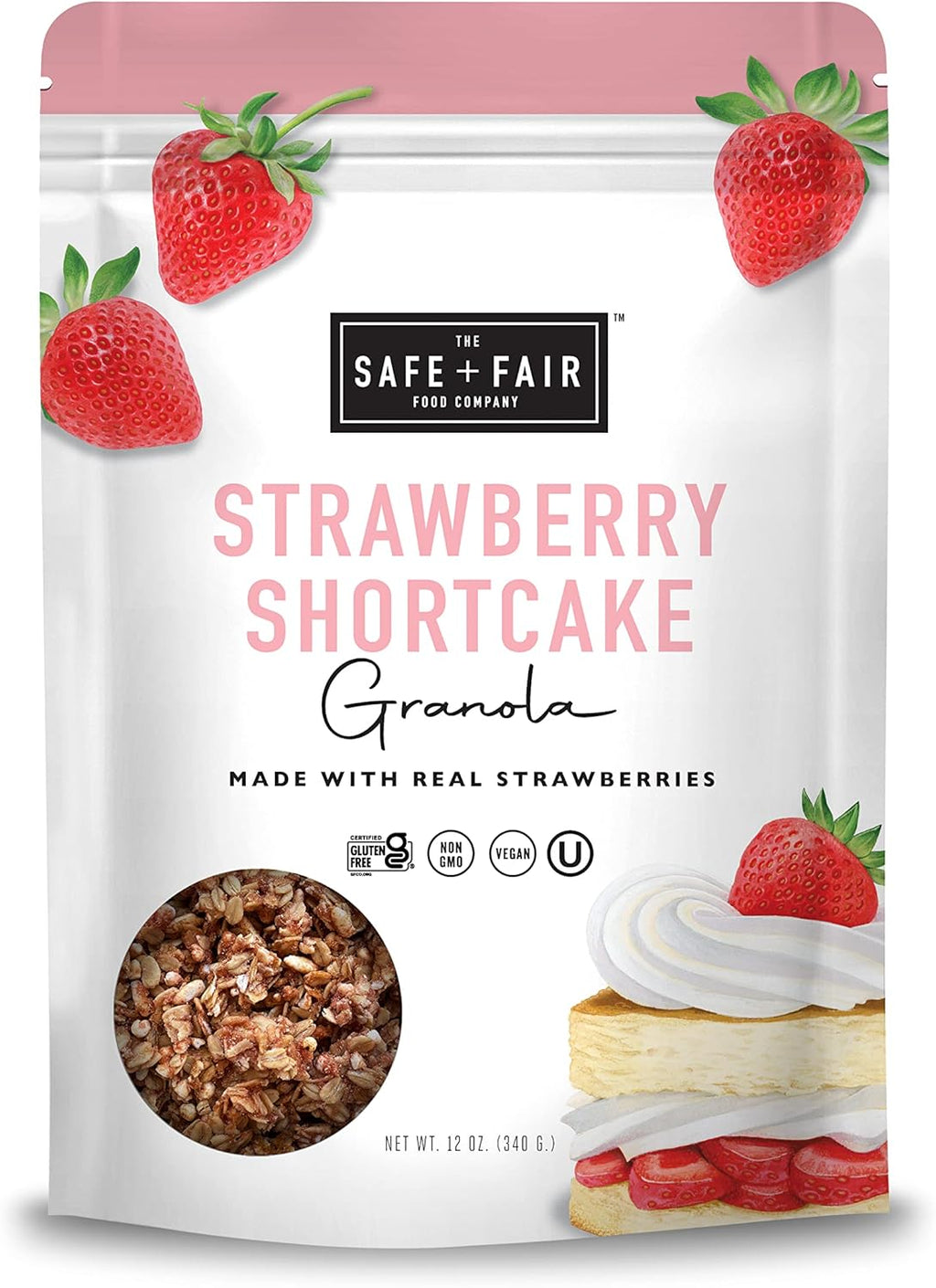 Safe + Fair Strawberry Shortcake Granola – Gluten-Free, Dairy-Free & Vegan Snack – Allergen-Free, Non-GMO, and No Artificial Ingredients - 12oz