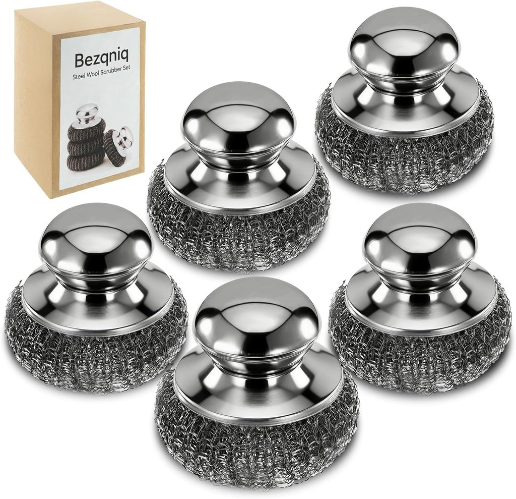 5PCS Steel Wool Scrubber with Handle,Stainless Steel Scrubber for Cast Iron Scrubber and Pot Scrubber, Steel Wool Pads with Handle for Kitchen Cast Iron, Kitchen Pots, Pans, Grill, Stoves, Sink