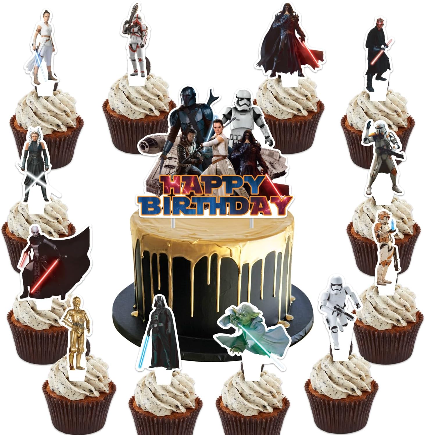 25Pcs Star Wars Birthday Party Supplies Pack Includes 1 Cake Topper 24 Cupcake Toppers for Star Wars Party Supplies