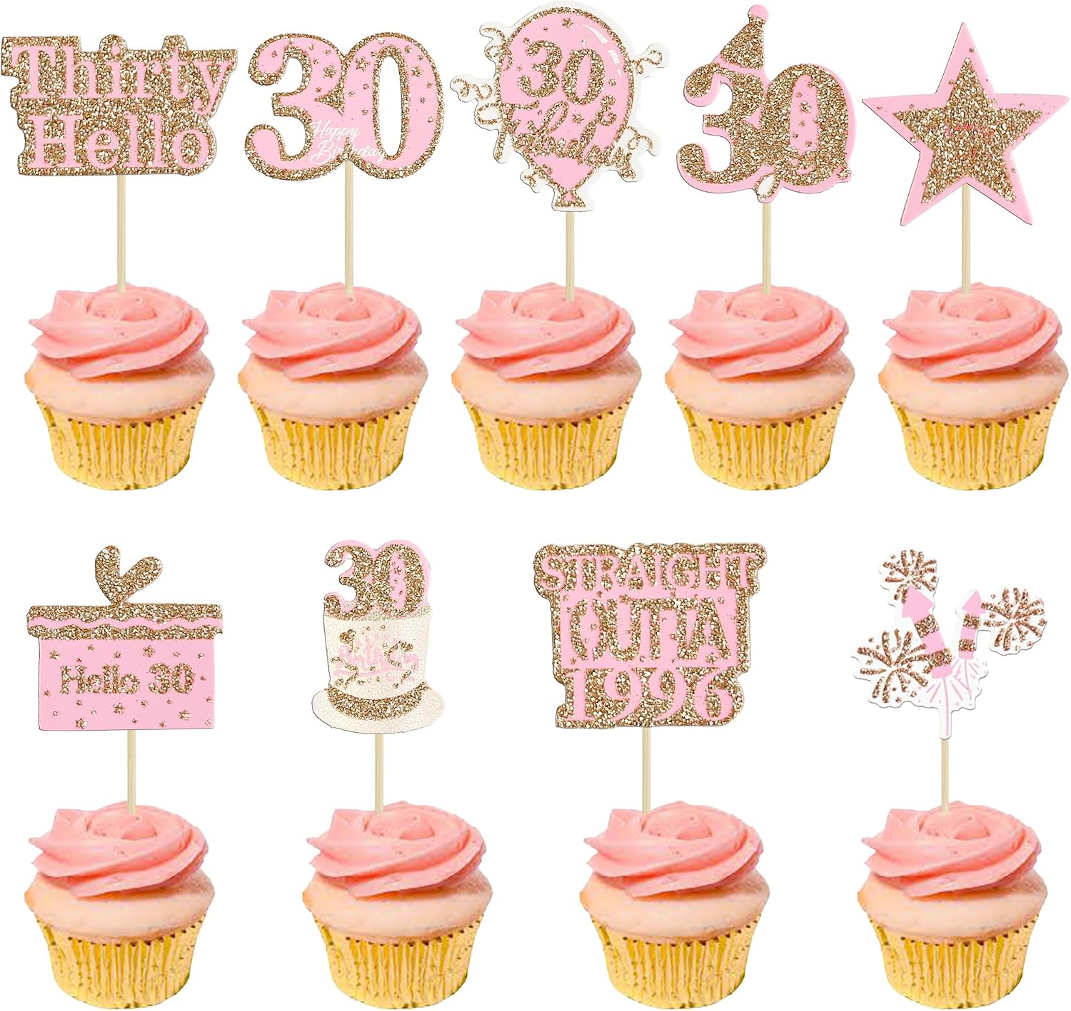 Gyufise 36Pcs Happy 30th Birthday Cupcake Toppers Glitter Rose Gold Thirty Hello 30 Straight Outta 1996 Cupcake Picks Cheers to 30 Years 30 Fabulous Cake Decorations for 30th Birthday Party Supplies